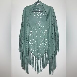 Teal Faux Suede Fringe Shawl Wrap Laser Cut Western Boho Festival Southwestern